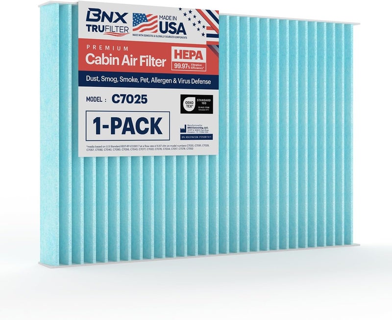 BNX TruFilter C7025 Cabin Air Filter, HEPA 99.97%, MADE IN USA, Compatible With Audi: A4, A4 Quattro, RS4, S4 - Image 1